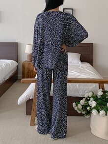 DAZY Women's Minimalist Polka Dot Print Long Sleeve Top And Casual Long Pants Pajama Set - Navy Blue - View 2