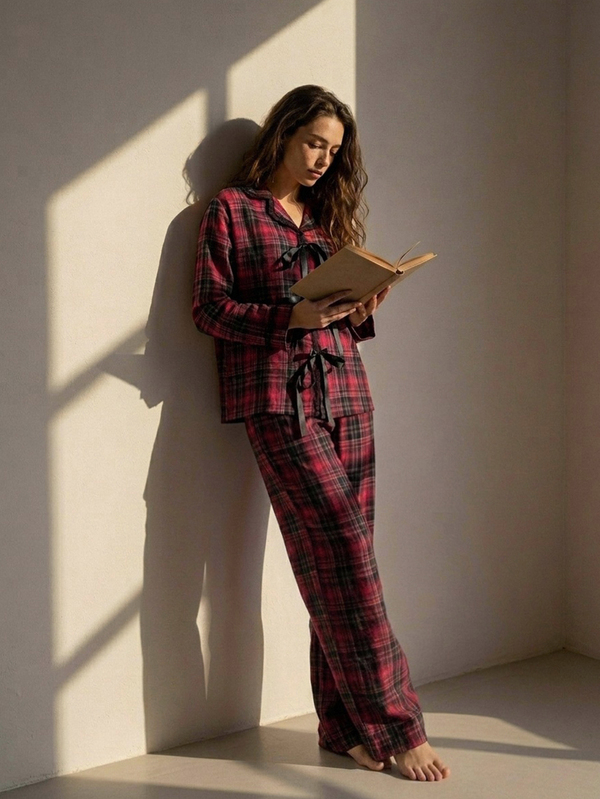 DAZY Women's Plaid Bowknot Long Sleeve Top And Pants Pajama Set