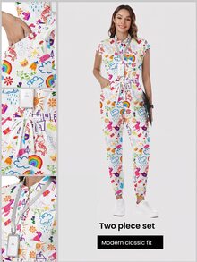 TaskEZ Silk Cartoon Graphic Cap Sleeve Drawstring Waist Scrub Jumpsuit - Multicolor - View 1