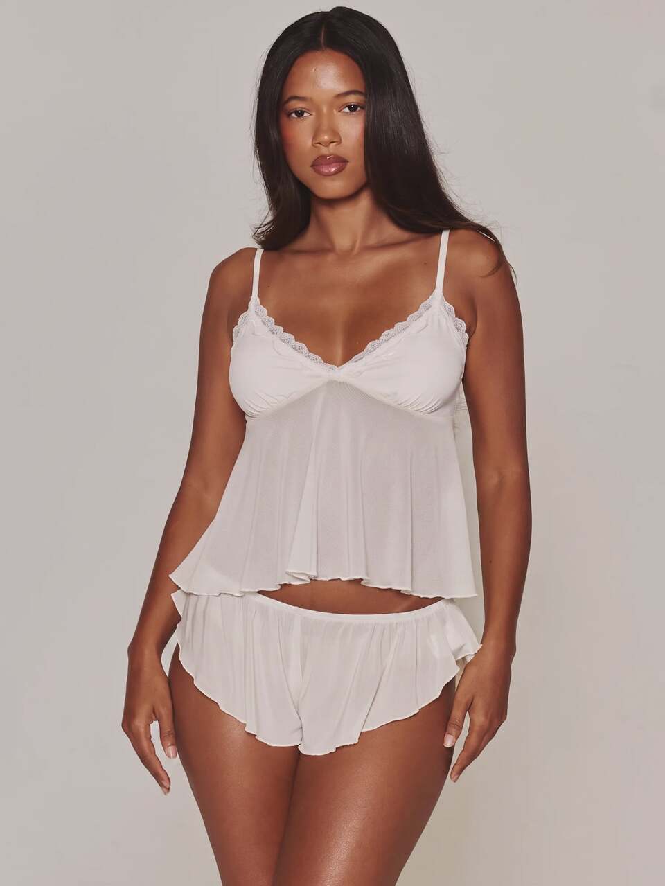 Lace Trim V Plunge Triangle Mesh Cami Top With Ruffled Hem Floaty Mini Short Coord 2 Pieces Sold As Set Cute Lingerie Evening Daily Girly