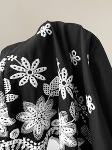 Muvela 女款休閒度假風花卉刺繡前綁帶上衣 - 黑色 - 查看 7