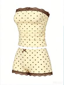 INAWLY Brown And White Polka Dot Polka Dot Print Bandeau Lace Patchwork Bow Decor Women 2 Pieces Set Lounge Summer Cute Sexy Y2k - Yellow - View 3