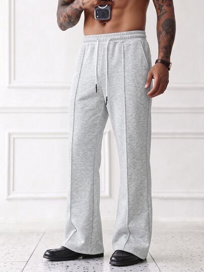 HUEFORM Men's Light Gray Center Seam Straight Leg Sweatpants, Elastic Waist Drawstring Draped Wide Leg Casual Pants, Minimalist Versatile Loose Floor Length Trousers