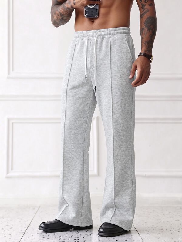HUEFORM Men's Light Gray Center Seam Straight Leg Sweatpants, Elastic Waist Drawstring Draped Wide Leg Casual Pants, Minimalist Versatile Loose Floor Length Trousers