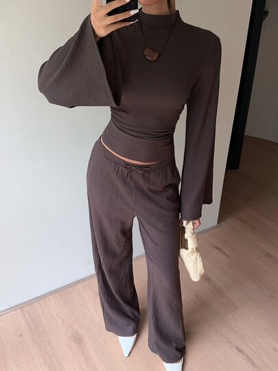Siren Gaze Women's Solid Color Stand Collar Bell Sleeve Cinched Waist Top And Pants Casual 2 Pieces Set
