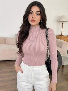 Dazy Plus Solid Color Casual Ribbed Fitted Elegant Versatile Mock Neck Pink Sweater Pullover Autumn/Winter - Pink - View 3