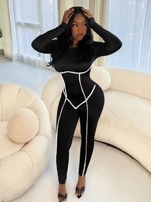 Glyssa Jumpsuit Pas Badan dengan Trim Kontras yang Modis dan Seksi - MultiWarna - View 5