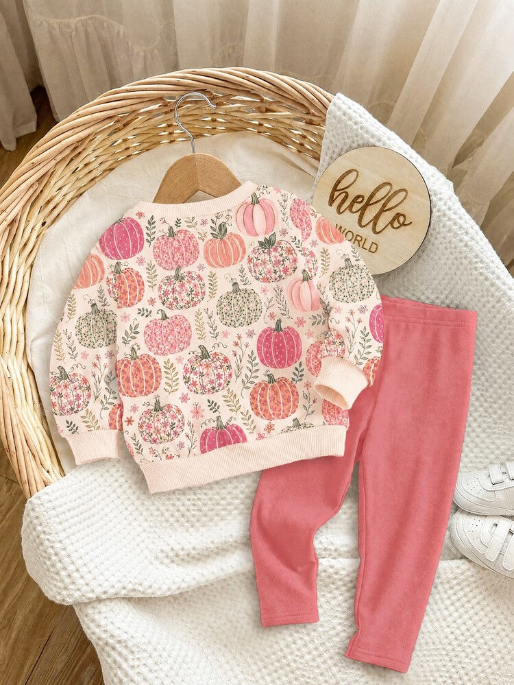 Pumpkin Apricot Pink, Cute Pastoral Colorful Pumpkin Floral Illustration Print, Baby Girl Casual Minimalist Loose Crew Neck Sweatshirt & Casual Long Pants Set, Suitable For Autumn/Winter Daily, Farm, Halloween, Thanksgiving, Cozy Vibes, Fall Vibes - Multicolor - View 4