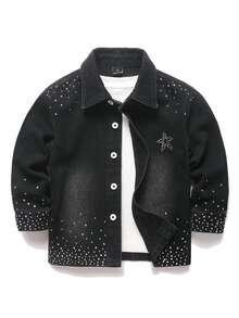 Kids Boys' 2pcs Set Black Denim Casual Long Sleeve Shirt And Pants With Shiny Rhinestone Star & Sun Pattern - Black - View 3