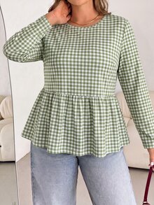 SHEIN LUNE 休閒格紋長袖大尺碼襯衫，適合海灘度假，綠色秋季款 - 彩色 - 查看 1