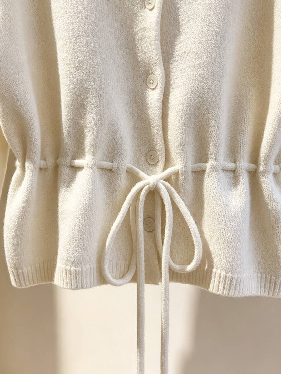 SHEIN Franclia Women Drawstring Waist Fuzzy Knit Cardigan, Long Sleeve Round Neck Button Front Slim Fit Cropped Sweater Coat - White - View 1