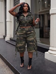 Slaydiva Plus Size Summer Casual Camouflage Print Sleeveless Jacket Fall - Army Green - View 5