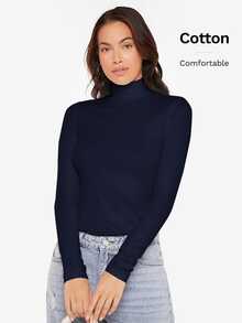 SHEIN BASICS High Neck Long Sleeves Rib-Knit Form Fitted Tee Tops For Women Black Tops - Navy Blue - View 6