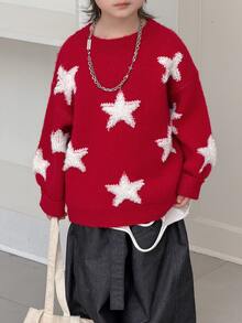 Dazy Kids Young Boy Star Loose Crew Neck Pullover Casual Long Sleeve Autumn/Winter Sweater - Red - View 4
