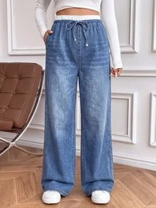 SHEIN Maternity Drawstring Waist Contrast Pocket Denim Jeans Cowgirl Outfit For Women Country Office Outfits For Women - Blue - View 4