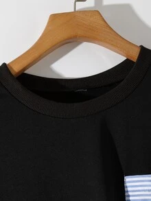 GlowEve CURVE Pullover Wanita Ukuran Besar Musim Gugur/Dingin dengan Motif Garis-Garis Blok Warna, Leher Bulat, dan Satu Saku Samping; Menampilkan Gaya Kasual dan Minimalis untuk Musim Gugur. - Hitam - View 6