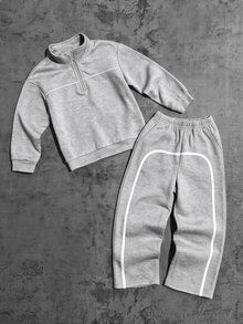 SHEIN Conjunto de 2 piezas para niños preadolescentes: sudadera holgada casual minimalista con cuello semiabierto de cremallera dividida, bolsillo y diseño redondo, con pantalones de pierna recta, adecuado para uso diario, escuela, deportes y ropa casual - Gris - Ver 1