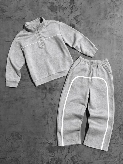 SHEIN 2pcs Tween Boys Loose Casual Minimalist Split Zipper Half-Open Collar Pullover Sweatshirt With Pocket Straight Leg Pants Round Design Sweatshirt Set Suitable For Daily Commute School Sports Casual Wear