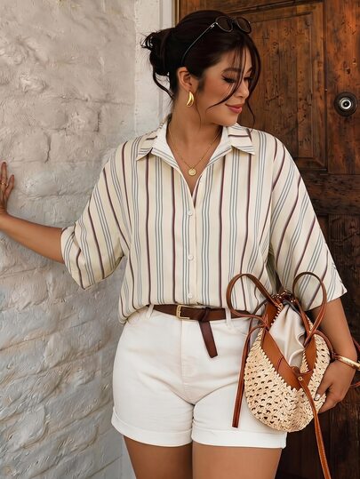 Lounesse Plus Striped Print Batwing Sleeve Shirt