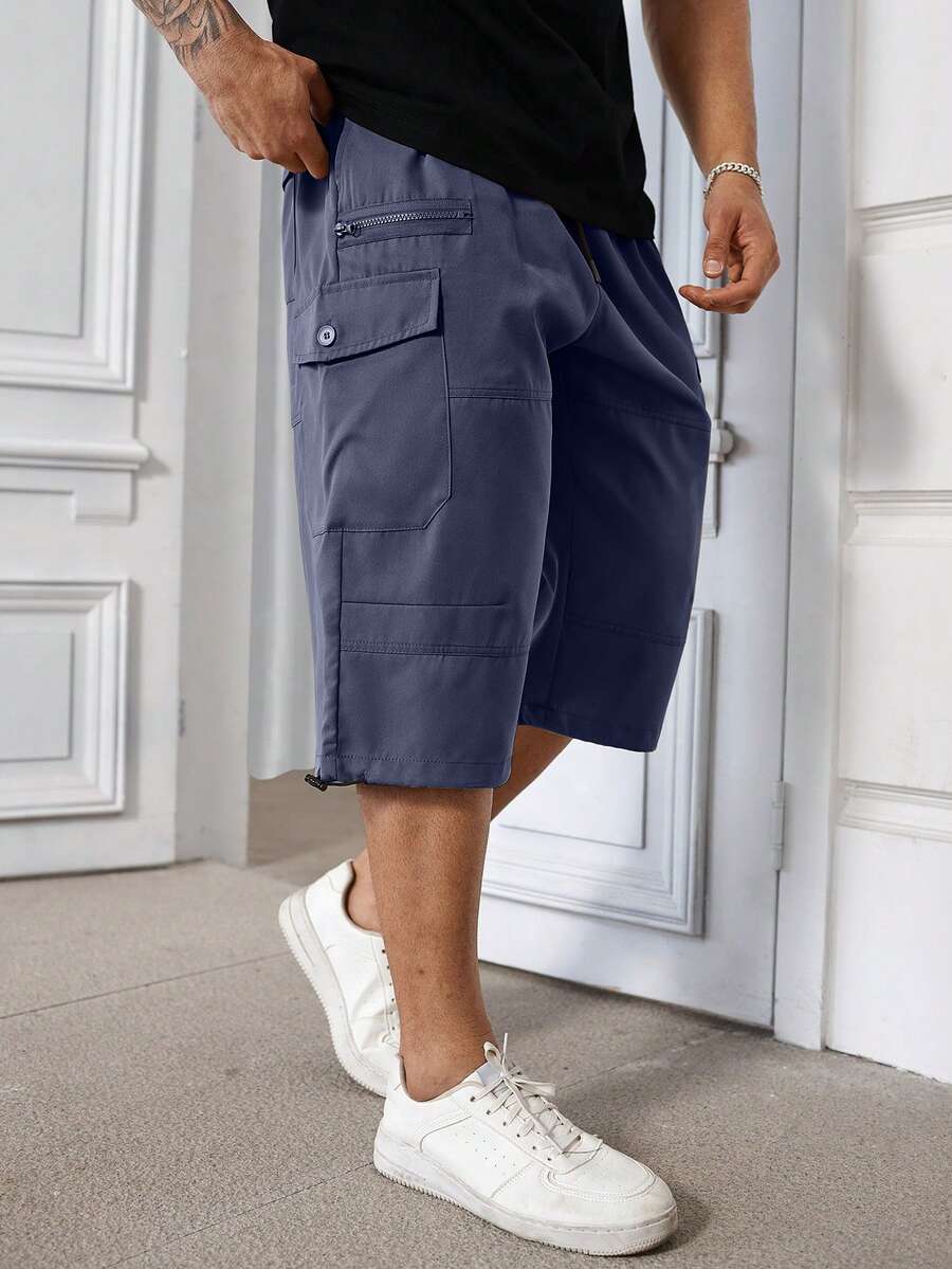 Manfinity Homme Plus Size Men's Casual Sports Drawstring Waist Cargo Shorts, Fashionable & Versatile - Dusty Blue - View 1