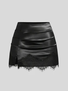 Sweetra Plus Size Autumn/Winter Elegant Sexy Satin Fitted Ruched Lace Patchwork Bodycon Mini Skirt - Black - View 3