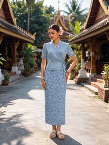 EastFlair Women's Side Knot Short Sleeve Top And Jacquard Skirt Elegant 2 Pieces Set - Multicolor - View 6