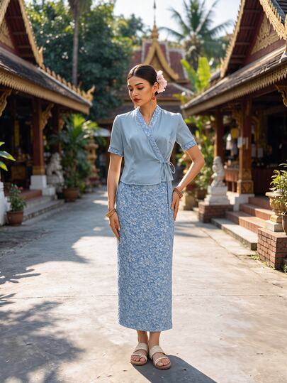 EastFlair Women's Side Knot Short Sleeve Top And Jacquard Skirt Elegant 2 Pieces Set