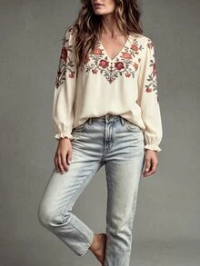OPHERINE Women's Autumn Casual Floral Print Top - Apricot - View 3