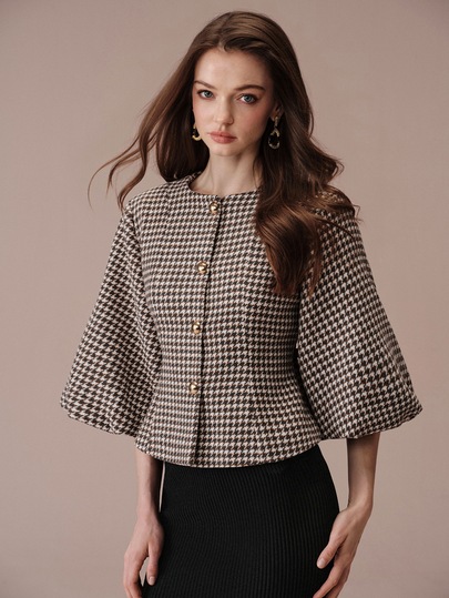 Aveloria Modichic Dámská elegantní bunda ve francouzském vintage stylu pro dojíždění s rukávy typu lucerna a vzorem psí zuby