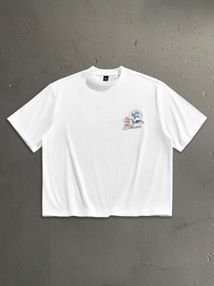 Salvezio Men's White Loose Fit Drop Shoulder Short Sleeve T-Shirt With Blurred Hand-Drawn Floral & English Letter Typography Print, Standard Size - White - View 2
