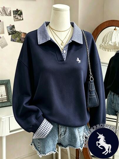 Lalippa Women's Navy Blue Plaid Collar Fake Two Pieces Sweatshirt,Daily Street Vacation Outfit,Gift For Friends