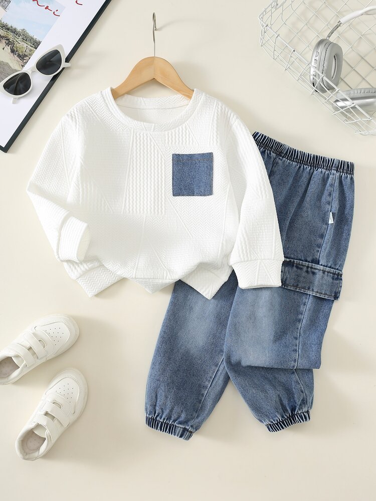 SHEIN 2pcs/Set Kids Young Boy Casual Cute Colorblock Patchwork Crew Neck Pullover Long Sleeve Sweatshirt With Pocket And Cuffed Long Pants Knit Two Pieces Set Suitable For School, Garden, Beach, Birthday, Fall, Autumn/Winter - Blue and White - View 1