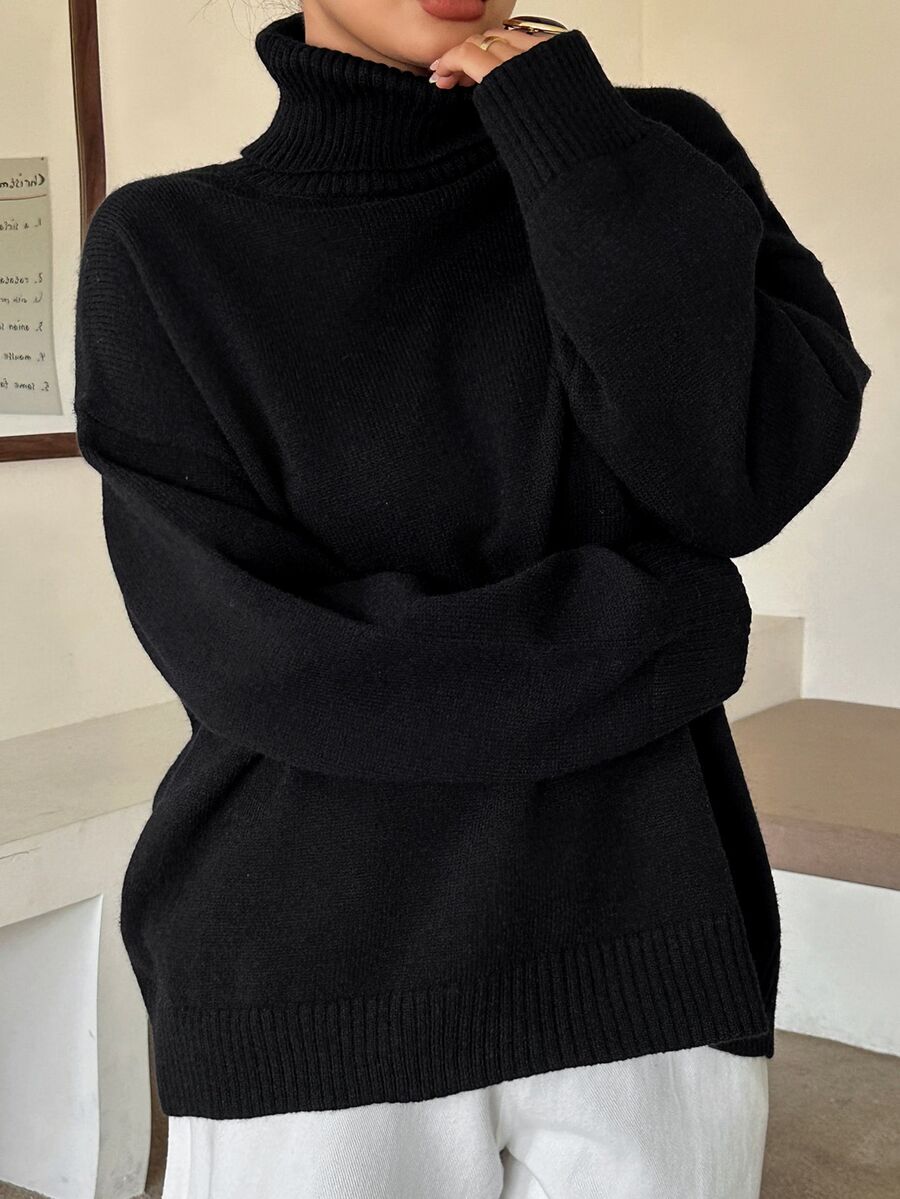 Dazy Plus Solid Color Casual Versatile Loose High Neck Autumn/Winter Long Sleeve Pullover Sweater - Black - View 1