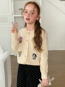 THE POWERPUFF GIRLS X DAZY Tween Girl Cartoon Embroidered Round Neck Long Sleeve Cardigan, Autumn/Winter - Apricot - View 8
