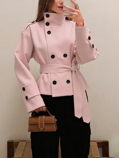 INAWLY New Autumn/Winter Gentle French Style Stand Collar Double-Breasted Cinched Cinched Waist Short Trench Coat Pink High-End Tailored Commuter Elegant Jacket