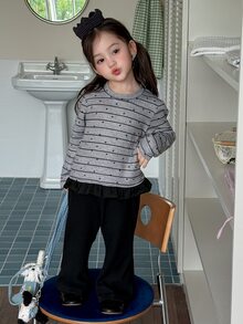 DAZY Infant (Girl) Round Neck Striped Long Sleeve Sweatshirt, Spring/Autumn - Grey - View 3