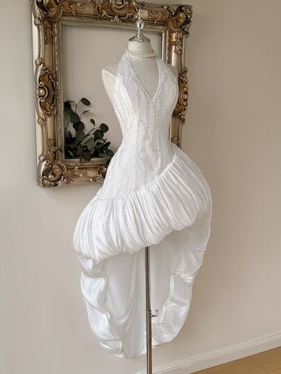 Lovelzi White Sequin Embroidery V Neck Sleeveless Satin Backless Halter Neck Floor Length Bodycon Women's Elegant Evening Gown Bridal Prom Formal Party Dress