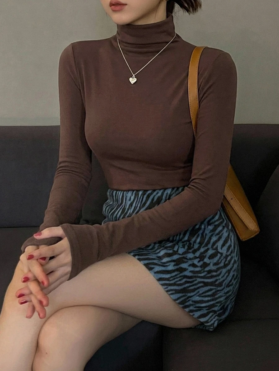 DAZY 女款修身保暖內裡高領套頭T恤 - 棕色 - 查看 1