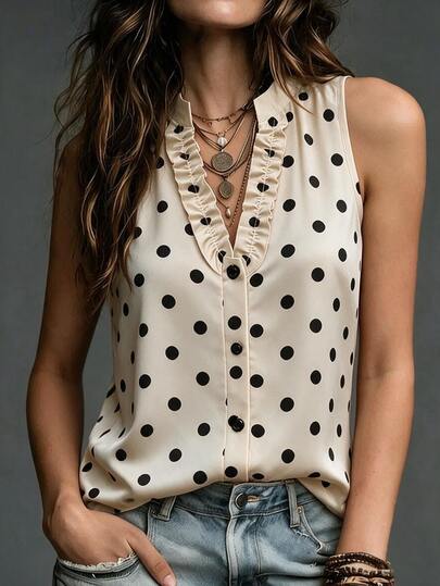 SHEIN Women's Elegant V-Neck Lace Patchwork Sleeveless Minimalist Commute College Daily Casual Polka Dot Tank Top