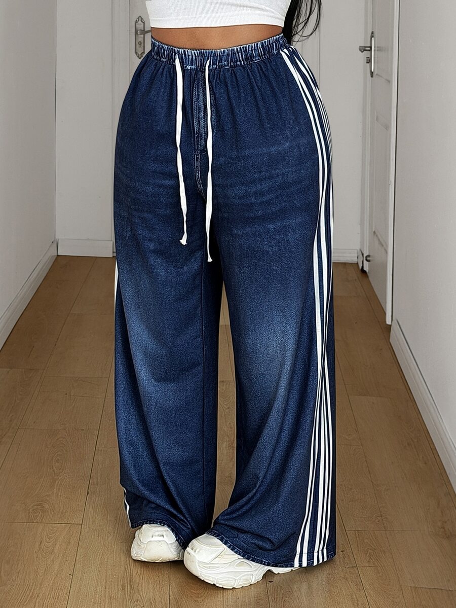 Maweii Plus Size Navy Blue Effect Print Contrast Stripe Drawstring Waist Sweatpants Airport Workout Summer Casual Western - Multicolor - View 1