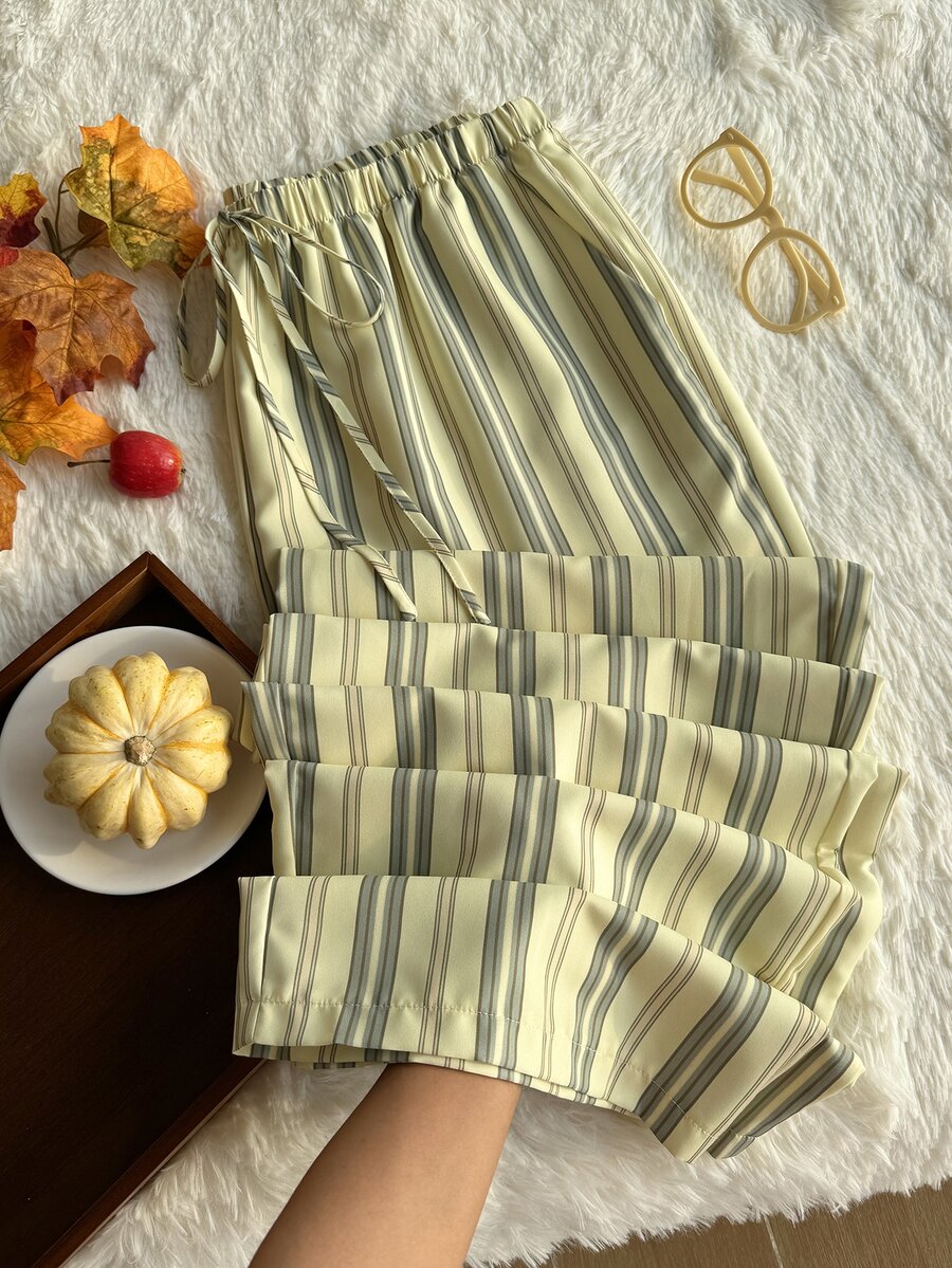 Comfortcana Plus Size Women's Spring/Summer Striped Wide Leg Pants With Waist Tie - Light Yellow - View 1