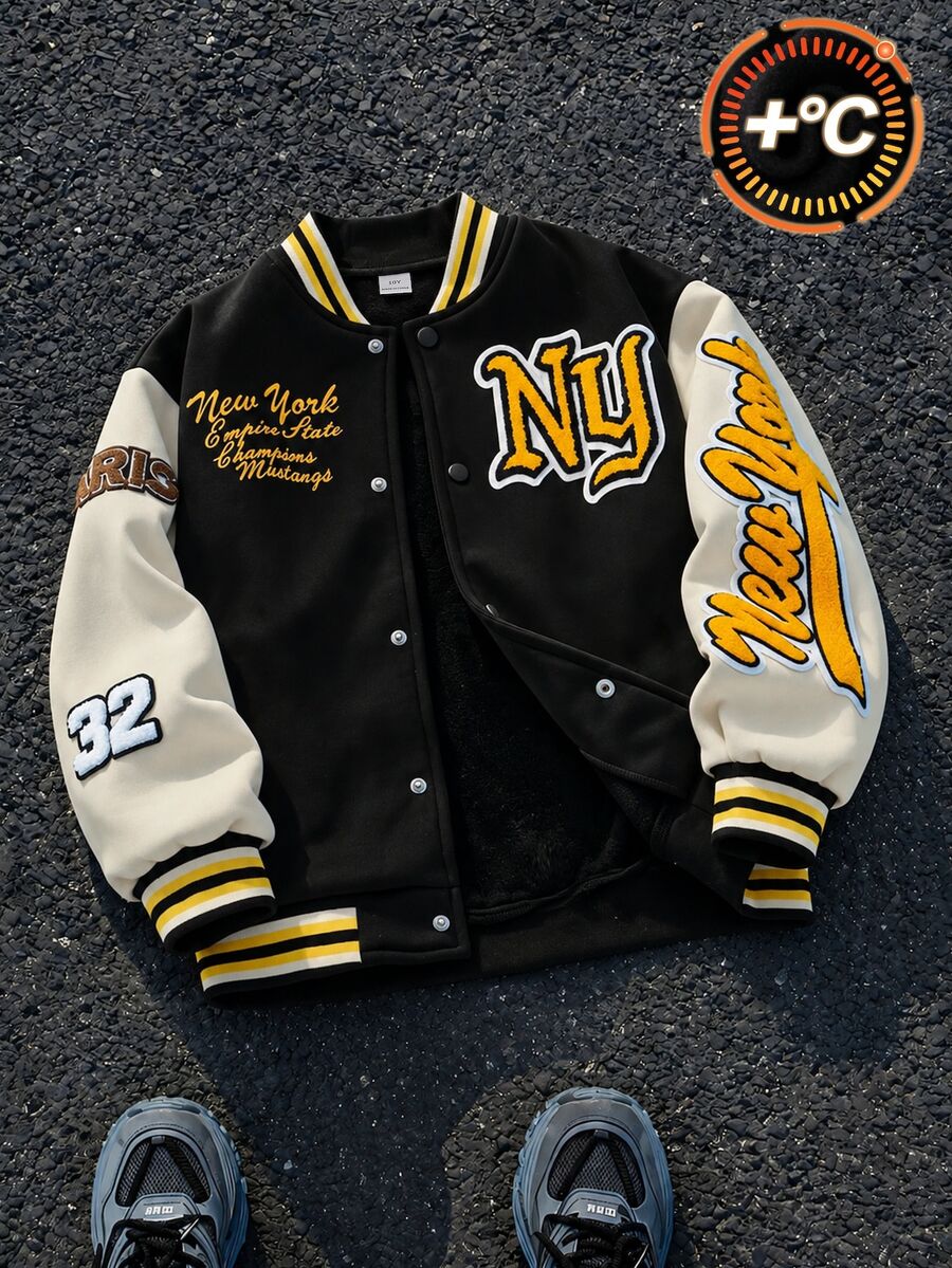 SHEIN 男童秋季拼色拼接保暖內裡棒球夾克,新款秋冬兒童NY字母刺繡貼布夾克,復古美式棒球風加厚上衣,小男孩街頭休閒立領,街頭嘻哈學院風 - 藍色 - 查看 1