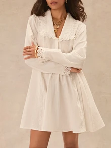 Easelle Vintage Bohemian V-Neck Embroidered Patchwork A-Line Short Dress For Women - White - View 4
