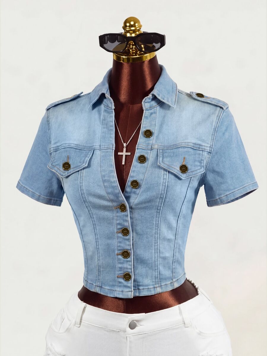 SHEIN 女款街頭風鈕扣短袖修身牛仔夾克 - 藍色 - 查看 1
