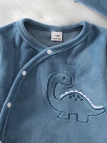 Newborn Dusty Blue Dinosaur Embroidered 3D Triangle Decor Round Neck Asymmetric Front Closure Footed Jumpsuit Hat Home Wear Set Sleep Autumn Baby - Navy Blue - View 4