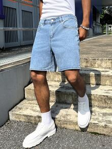GALLERY FADE Men's Fashion Street Button Pocket Denim Shorts - Blue - View 4