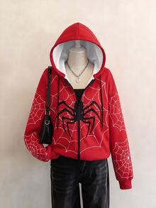 SHEIN EZwear 女款休閒拉鍊寬鬆連帽衛衣，蜘蛛印花，秋季服飾，Y2K通勤穿搭，基礎款，復古，萬聖節裝扮，紅白色 - 彩色 - 查看 3