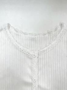 Franclia Vacation Style French Lace Trim Asymmetrical Button Knit Cover Up Women's Thin Short Cover-Up Brunch Birthday White Fall Elegant L'amoure - White - View 3