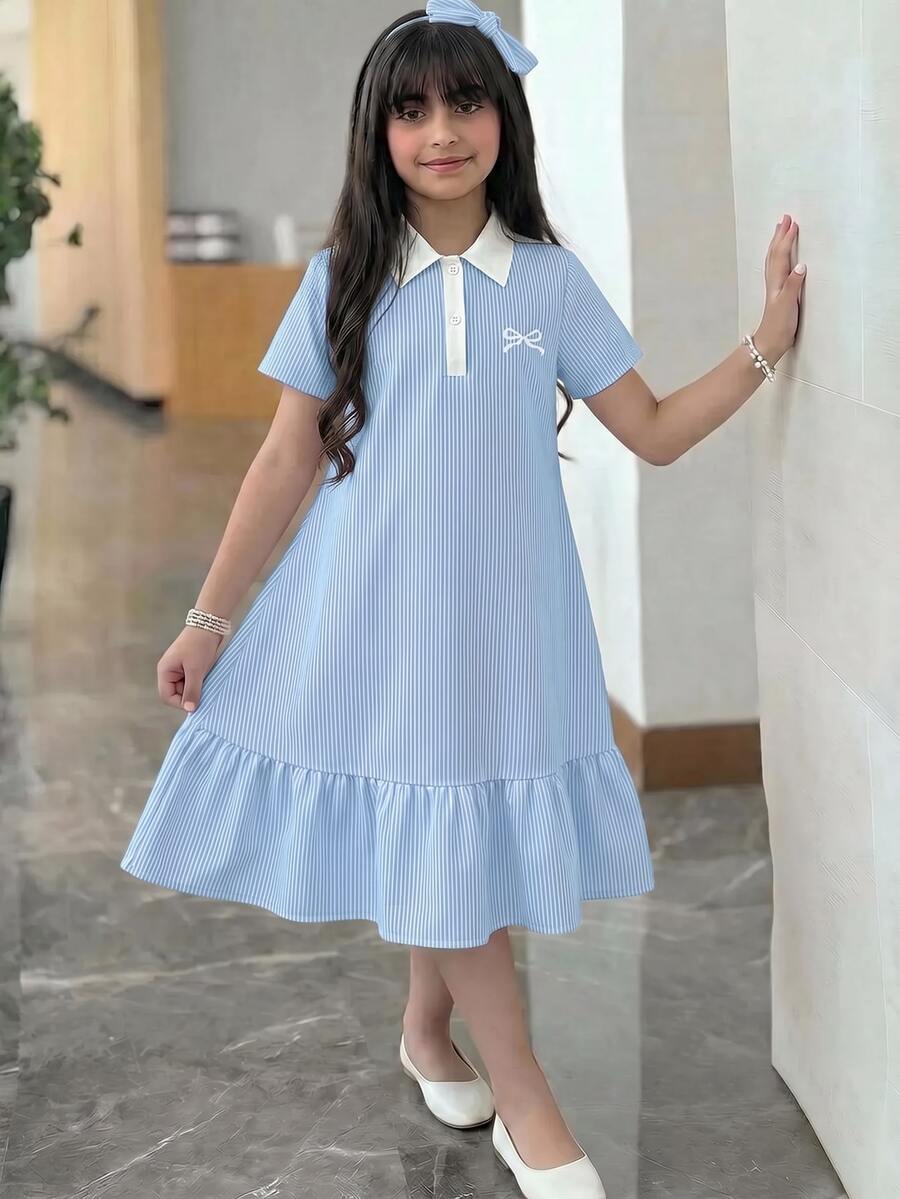 SHEIN 少女休閒舒適立領拼色羅紋素色洋裝,返校季公主風,適合畢業派對、生日派對,Y2K時尚街頭個性甜酷女孩風 - 藍色 - 查看 1