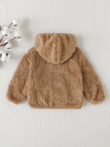 Cozy Pixies 嬰兒女童男童卡通動物豹紋抓絨內裡加厚連帽拉鍊長袖外套夾克，適合冬季 - 卡其色 - 查看 2